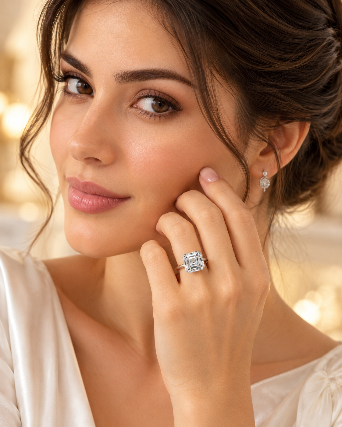 Model wearing 2.01 ct square emerald natural diamond