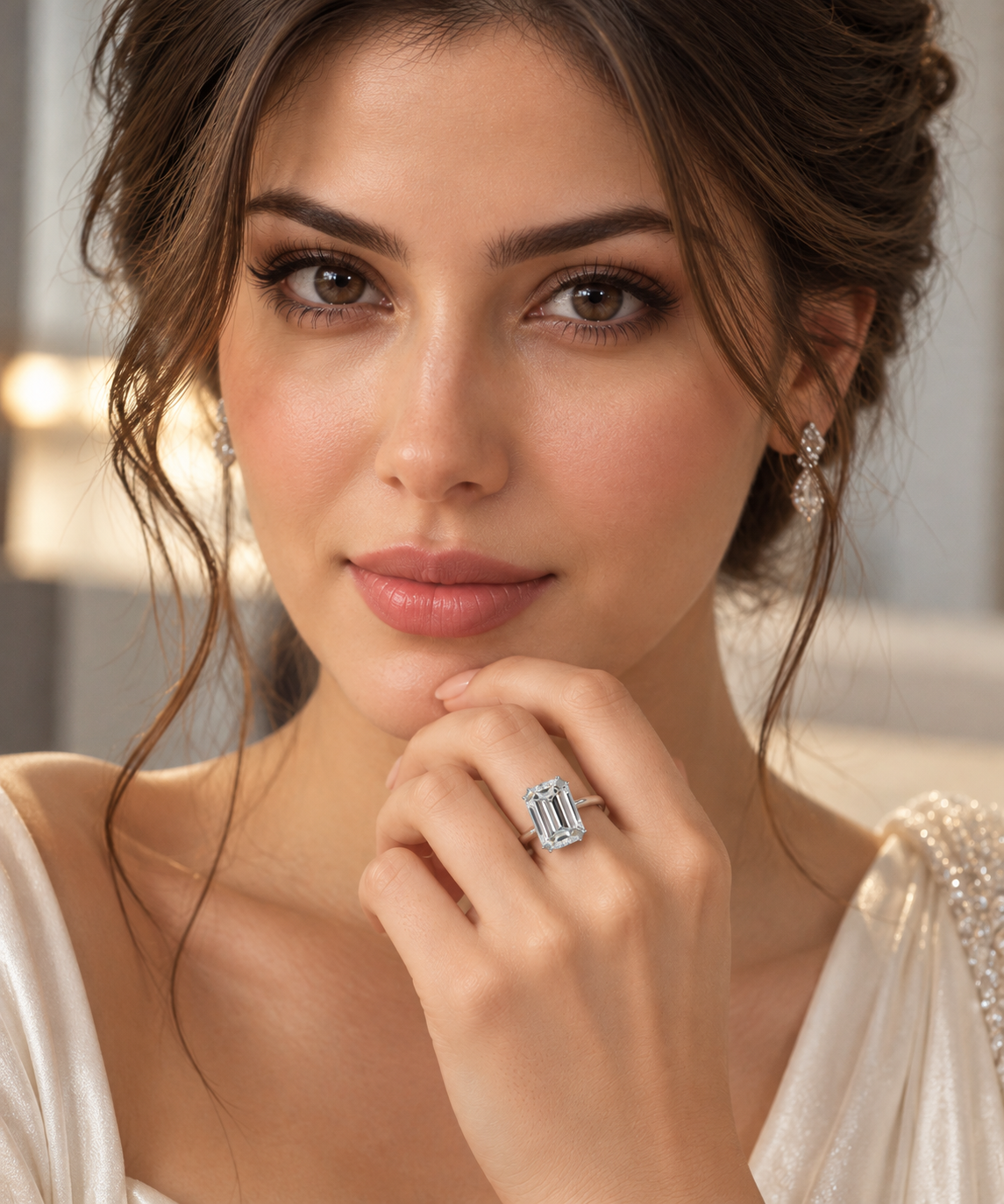 Model wearing 2.01 ct emerald natural diamond