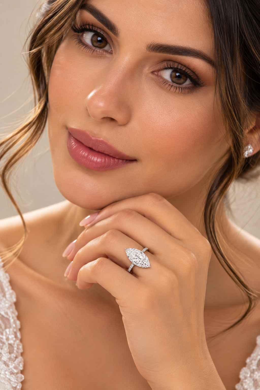 Model wearing 1.51 ct marquise lab grown diamond