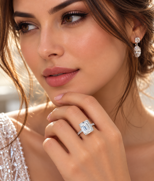 Model wearing 2.20 ct square emerald natural diamond