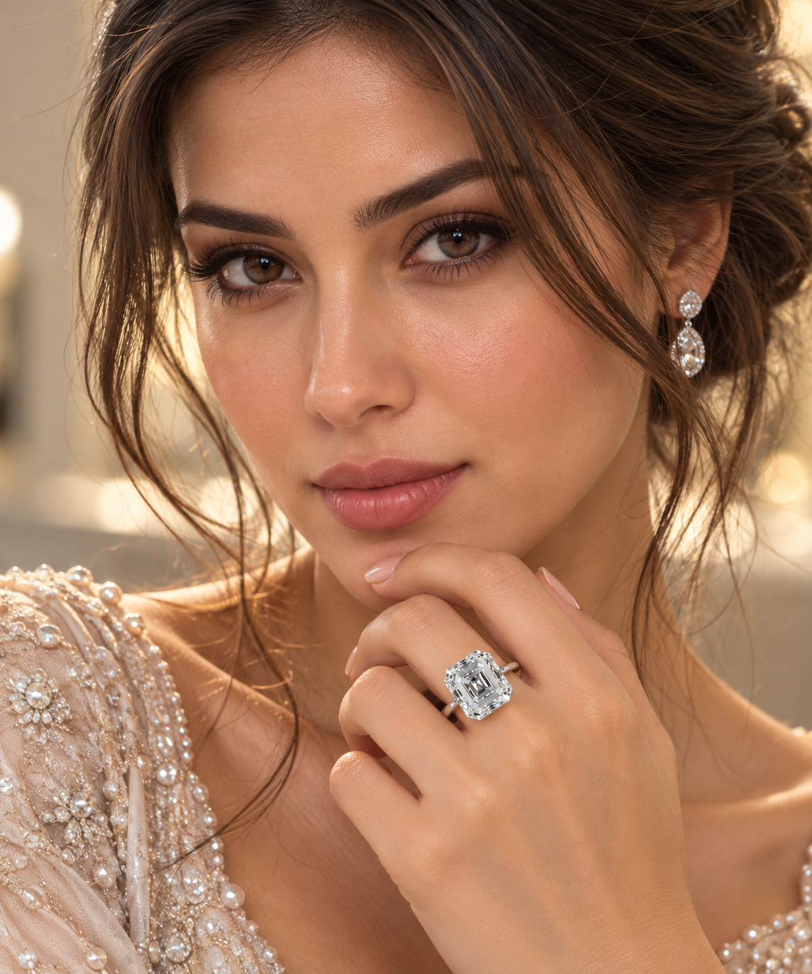 Model wearing 2.02 ct square emerald natural diamond