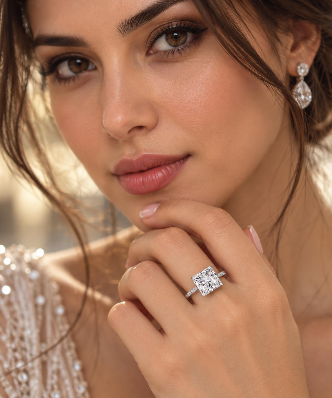 Model wearing 3.14 ct princess natural diamond
