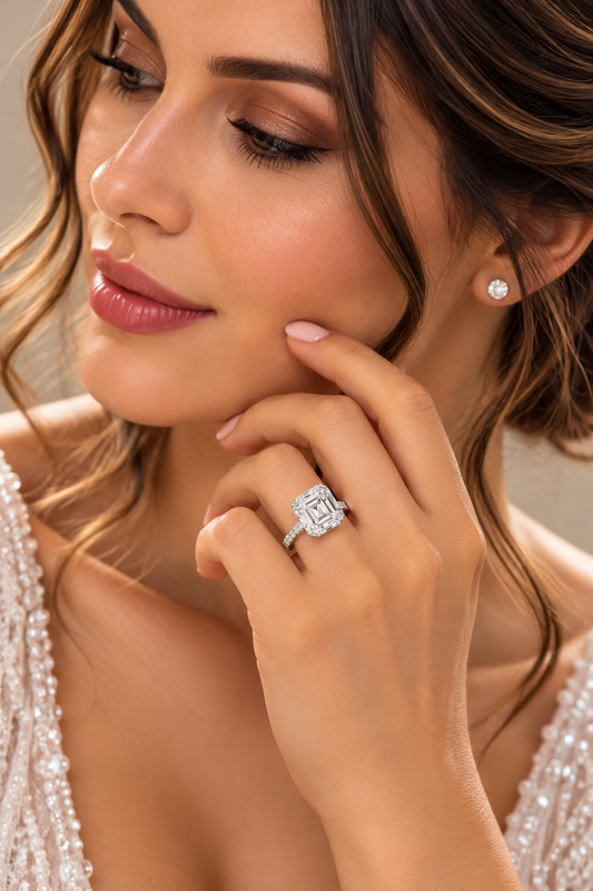 Model wearing 1.52 ct square emerald lab grown diamond