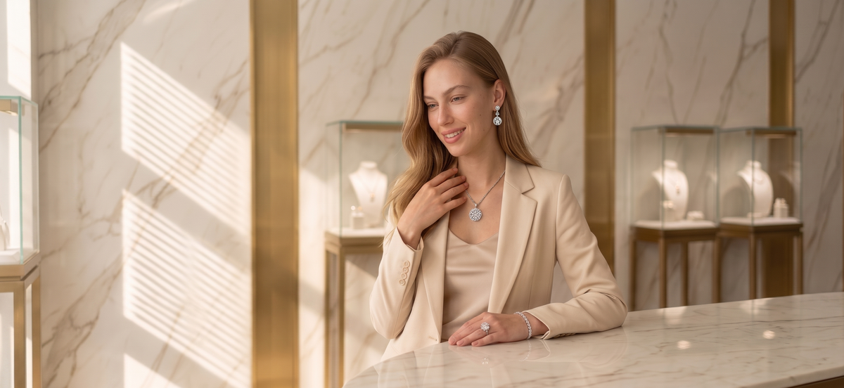 Model wearing certified diamond jewellery
