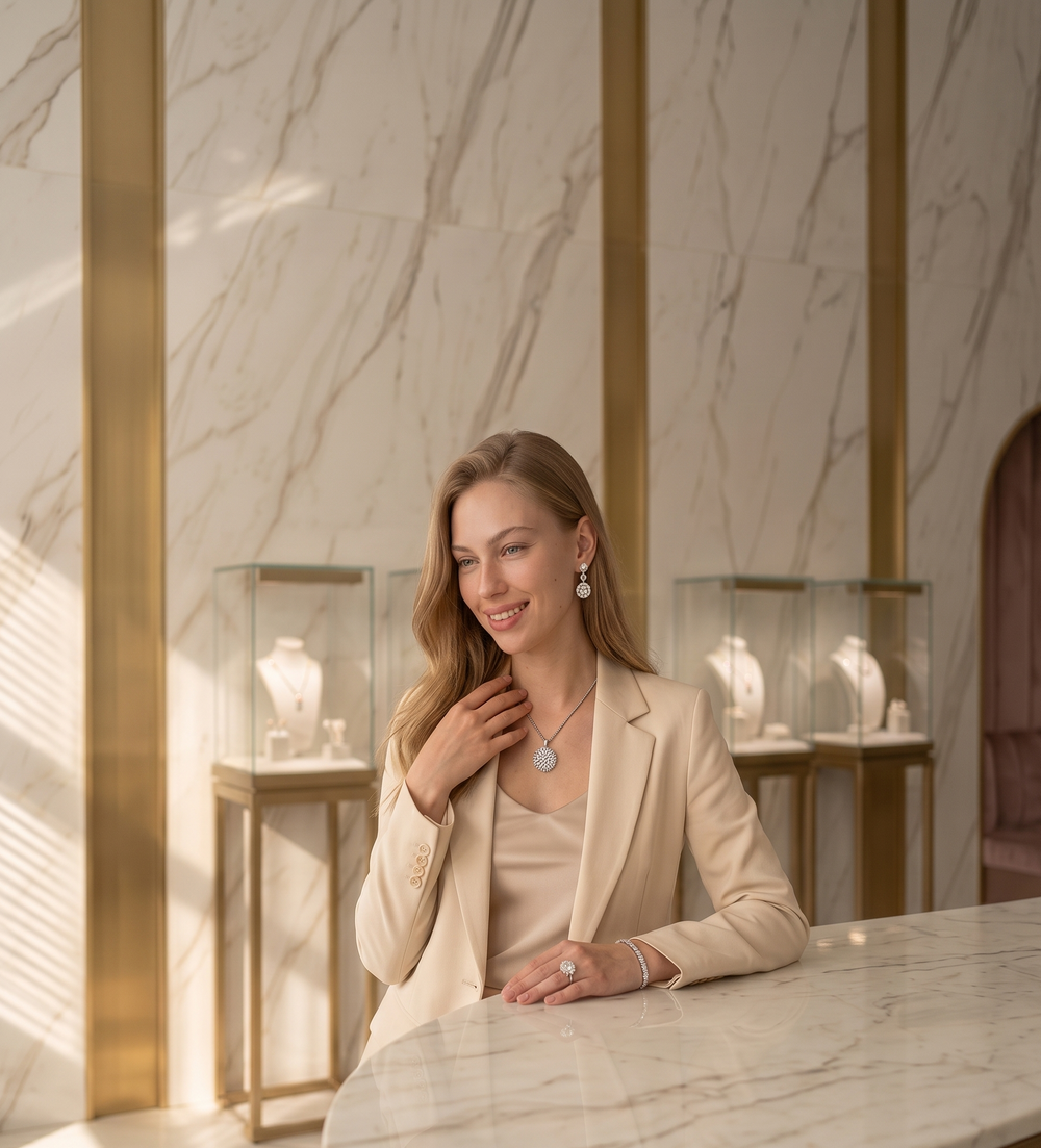 Model wearing certified diamond jewellery