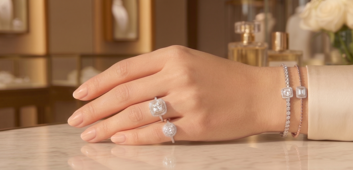 Hand wearing diamond rings and bracelets